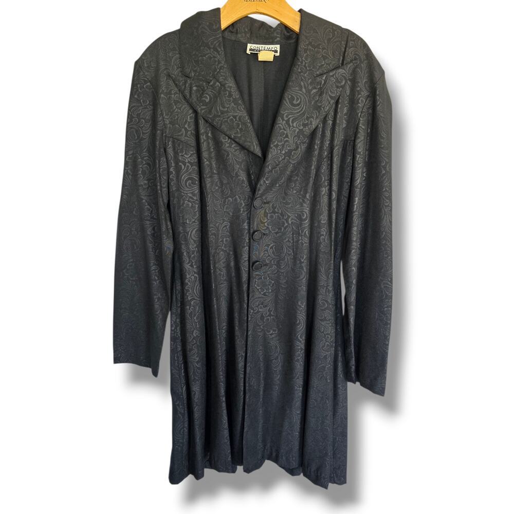 CONTEMPO CASUALS Vintage Black Damask Floral Jacquard Longline Blazer Small - Picture 2 of 7